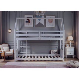 Sunvega Twin Over Twin House Floor Bunk Bed with Headboards Footboards Guardrails and Ladder
