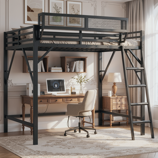 Sunvega Full Metal Loft Bed with Storage Shelf and Ladder for Kids Teens
