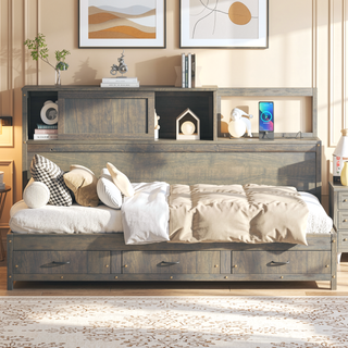 Sunvega Twin Size Wooden Daybed with 3 Storage Drawers and USB Ports
