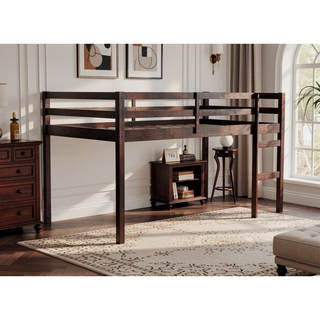 Sunvega Espresso Rubber Wood Low Height Loft Bed with Ladder for Bedroom
