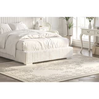 Sunvega Contemporary White Fur Chenille Fabric Mattress Ready Queen Size Bed