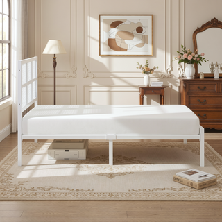 Sunvega White Faux Cane Panel Headboard King Platform Bed with Metal Frame