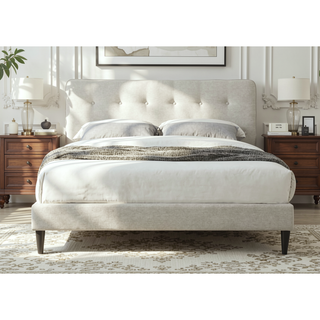 Sunvega Queen Upholstered Pleated Bed in a Box with Sturdy Dark Brown Frame