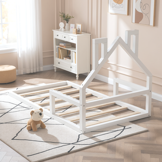 Sunvega Natural Wood Floor Bed with House-Shaped Headboard for Kids Room