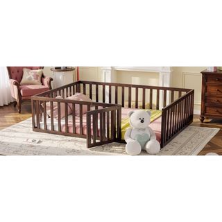 Sunvega Twin Size Wood Floor Bed Frame with Fence and Door in Walnut Finish