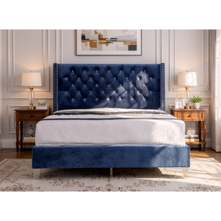 Sunvega Transitional Upholstered Bed in Navy Blue with Soft and Sturdy Materials