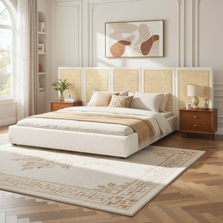 Sunvega Antique White Polyester Cane Platform Bed with Upholstered Headboard