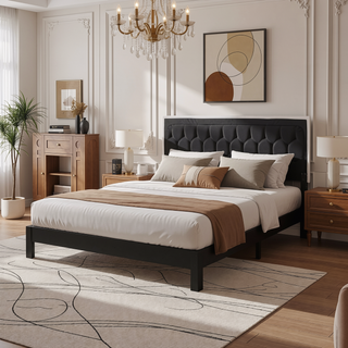 Sunvega Full Bed with Nailhead Trim and Solid Wood Legs in Modern Black Finish
