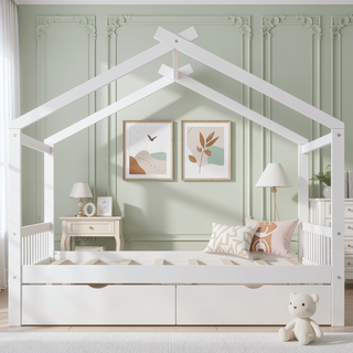 Sunvega Natural Wood Full Size House Platform Bed with Two Storage Drawers