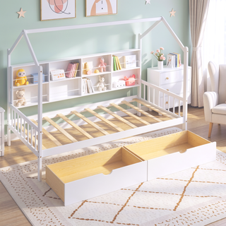 Sunvega White Twin Size Wooden House Bed with 2 Storage Drawers and Shelf