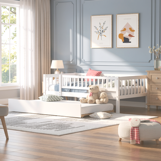 Sunvega Natural Twin Size Wood Daybed with Trundle and Fence Guardrails