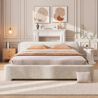 Sunvega Cozy White Bouce Upholstered Bed with Birch Wood Frame for Bedroom