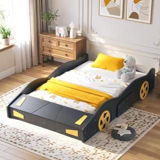Sunvega Twin Size Race Car Bed with Wheels Storage and Sturdy Wood Construction