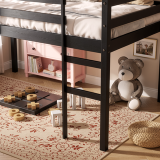 Sunvega Espresso Rubber Wood Low Height Loft Bed with Ladder for Bedroom