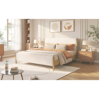 Sunvega Modern White Boucle Upholstered Bed with Rubberwood Legs for King Size