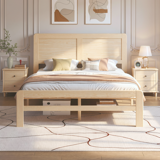 Sunvega Contemporary Natural Finish Full Size Platform Bed Frame with Headboard