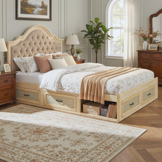 Sunvega Antique Natural Queen Size Platform Bed with 6 Spacious Storage Drawers