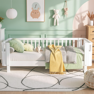 Sunvega Low Profile Twin Wood Platform Bed with Safety Rails for Kids Room