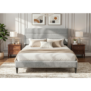 Sunvega Queen Upholstered Pleated Bed in a Box with Sturdy Dark Brown Frame