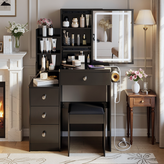 Sunvega Small Size Left Bedside Cabinet Vanity Table with Cushioned Stool and LED Mirror