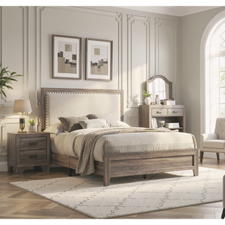Sunvega Brown Cherry Finish Contemporary Fabric Panel Bed in One Box