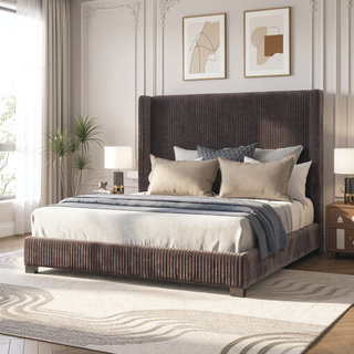 Sunvega Queen Upholstered Pleated Bed in a Box with Sturdy Dark Brown Frame