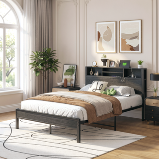 Sunvega Twin Size Bed Frame with Storage Headboard, Charging Station, and Bookcase