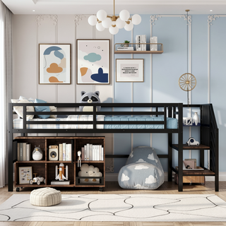 Sunvega Low Twin Metal Loft Bed with Stairs and 6 Rolling Storage Cubbies for Kids