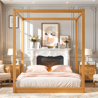 Sunvega White Queen Size Canopy Platform Bed with Support Legs and Sturdy Frame