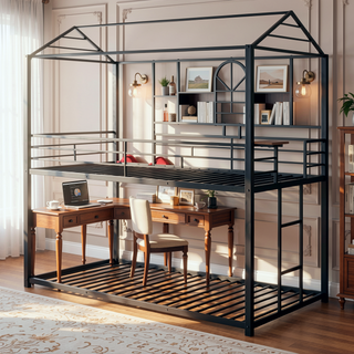 Sunvega Twin Over Twin Metal Bunk Bed With Slide And Playhouse Design In Three Colors