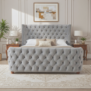 Sunvega Brooklyn King Tufted Panel Bed Headboard and Footboard Set in Caramel Tan Brown