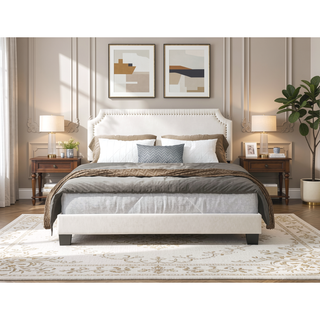 Sunvega Upholstered Platform Bed with Padded Headboard and Nailhead Trim Accents