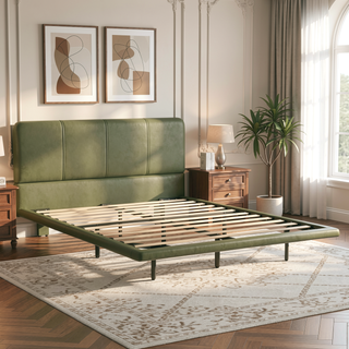 Sunvega Floating Bed Frame with Modern PU Leather Upholstery and Remote LED Lights Queen Size