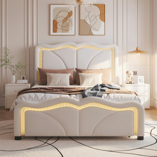 Sunvega Pink Twin Size Upholstered Bed with Height-Adjustable Headboard and LED Light Strips