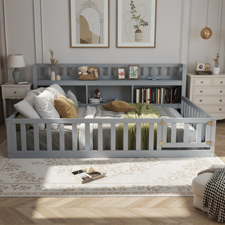 Sunvega Kids Wooden House Frame Twin Floor Bed for Safe Play and Sleep