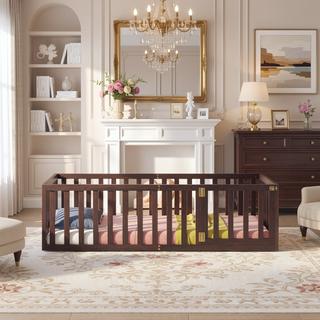 Sunvega Twin Size Wood Floor Bed Frame with Fence and Door in Walnut Finish
