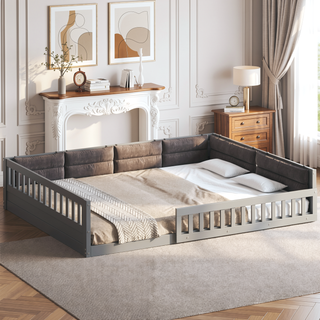 Sunvega Beige Full Size Upholstered Wood Platform Bed with Guardrail and Pillow