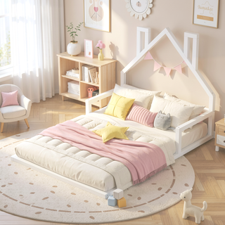 Sunvega Natural Wood Floor Bed with House-Shaped Headboard for Kids Room