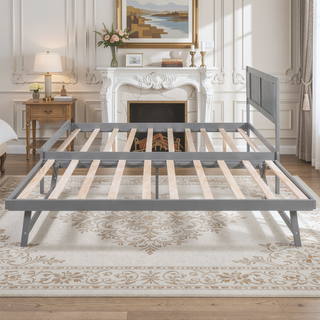 Sunvega Full Size Platform Bed with Adjustable Trundle and Headboard in Gray