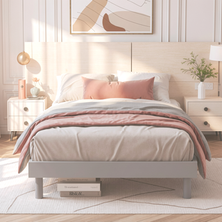 Sunvega Modern Floating Platform Bed Frame in Walnut with Sturdy Wood Construction