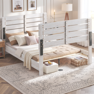 Sunvega Barrel Oak Slatted Headboard Queen Panel Bed with Matching Footboard