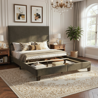 Sunvega Guyancourt Charcoal Upholstered Eastern King Panel Bed with Nailhead Trim