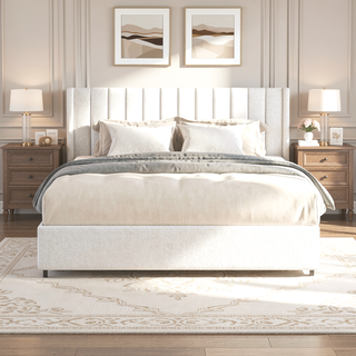 Sunvega Queen Size Ivory Boucle Upholstered Platform Bed with 4 Storage Drawers