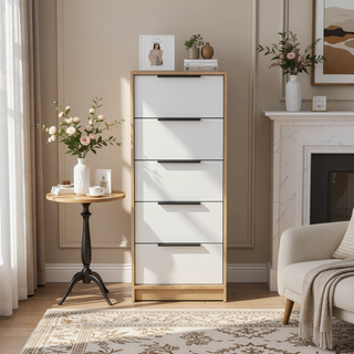 Sunvega White Pine Modern 5 Drawer Vertical Dresser for Narrow Spaces