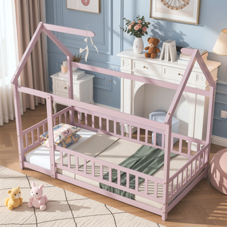 Sunvega Twin Size Wooden Floor Bed with Roof Frame and Safety Guardrails in Grey