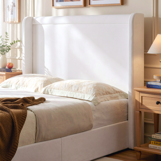 Sunvega Minimalist Upholstered Wingback Bed Frame with 54 Inch Headboard in Textured Ivory Canvas Chenille