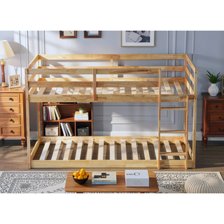 Sunvega Twin over Twin Solid Wooden Bunk Bed with Ladder and Strengthened Slats