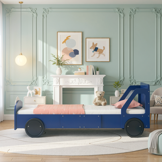 Sunvega Blue Twin Size Car-Shaped Platform Bed with Wheels for Kids