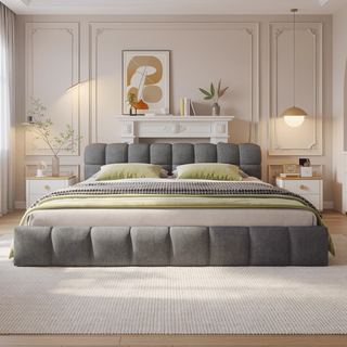 Sunvega Elegant Soft Chenille Upholstered Bed with Checkerboard Headboard in Grey