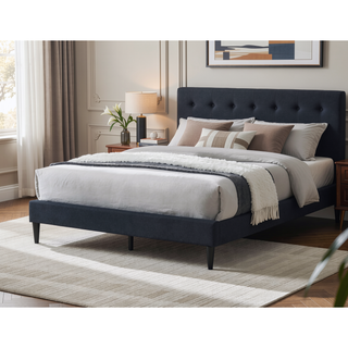 Sunvega Light Brown Queen Size Upholstered Burlap Fabric Headboard Platform Bed